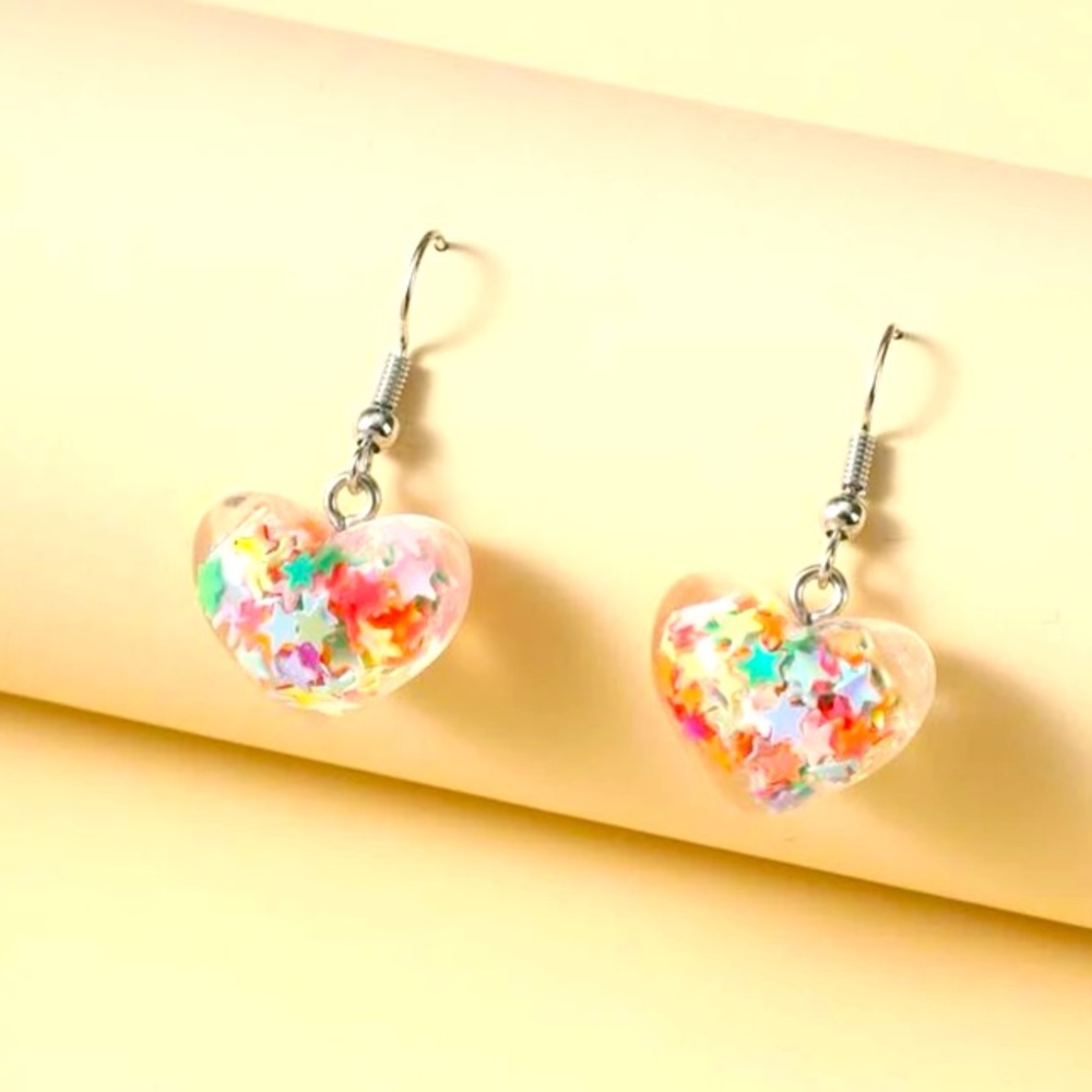 Fun Valentines🌈⭐️💖Rainbow Stars Glitter Confetti Heart Drop Dangle Earrings - Picture 2 of 5